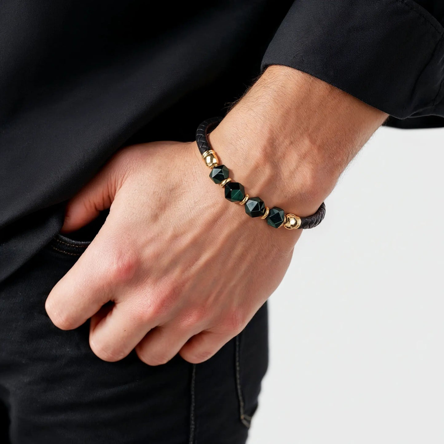 Bransoletka męska z Malachitu i Włoskiej Skóry